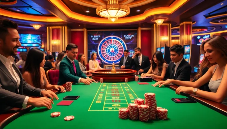 Exciting gaming scene at DR88 casino featuring vibrant tables, roulette wheel, and poker chips.