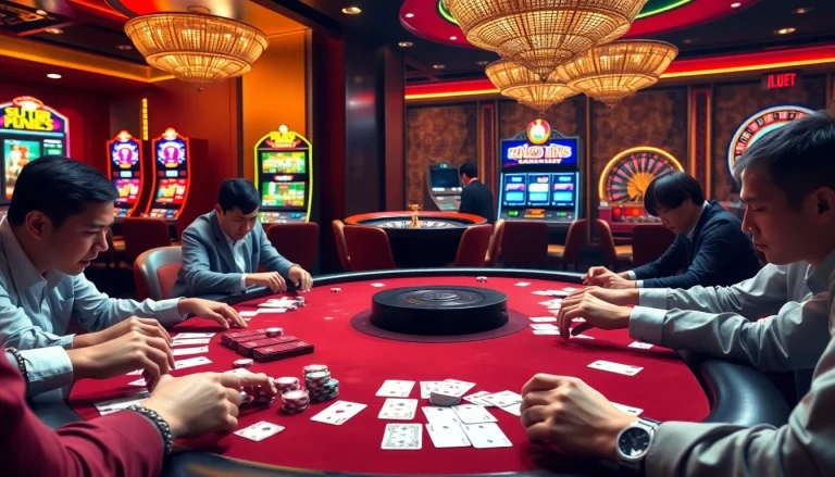Gambling action at a casino with excitement around 상품권신용카드 transactions and poker gameplay.