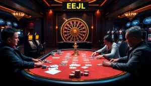 EEJL poker table with colorful chips and cards, highlighting excitement and winning strategies.