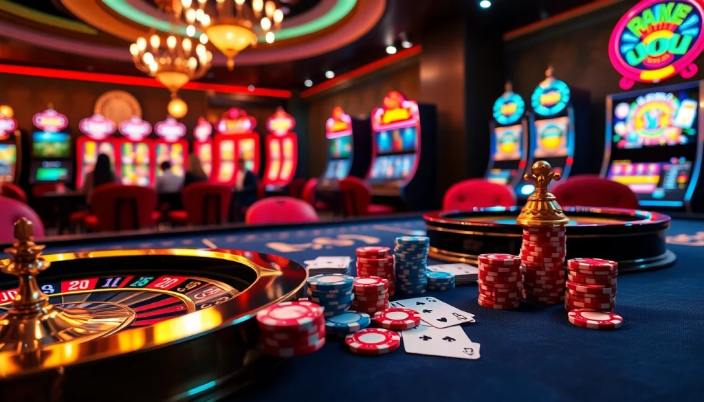 Engaged players at a vibrant casino table showcasing kp88 poker chips and cards in a thrilling gambling atmosphere.