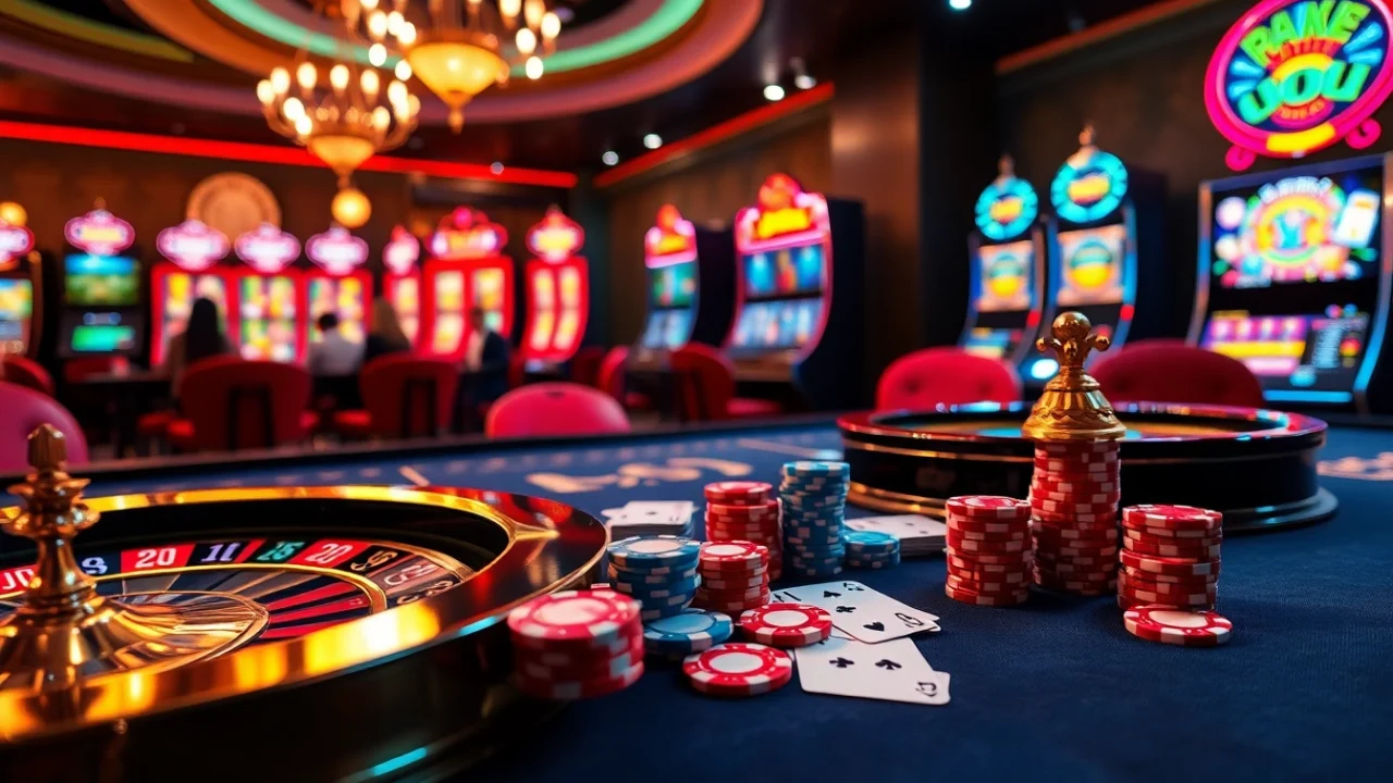 Engaged players at a vibrant casino table showcasing kp88 poker chips and cards in a thrilling gambling atmosphere.