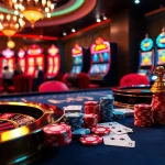 Engaged players at a vibrant casino table showcasing kp88 poker chips and cards in a thrilling gambling atmosphere.