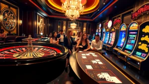 Players enjoying a thrilling game at https://www.6l777.vip/ table casino in an elegant, vibrant environment.