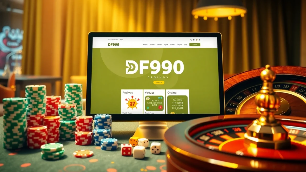 Engaging scene of DF999 đăng nhập featuring poker chips and a roulette wheel.