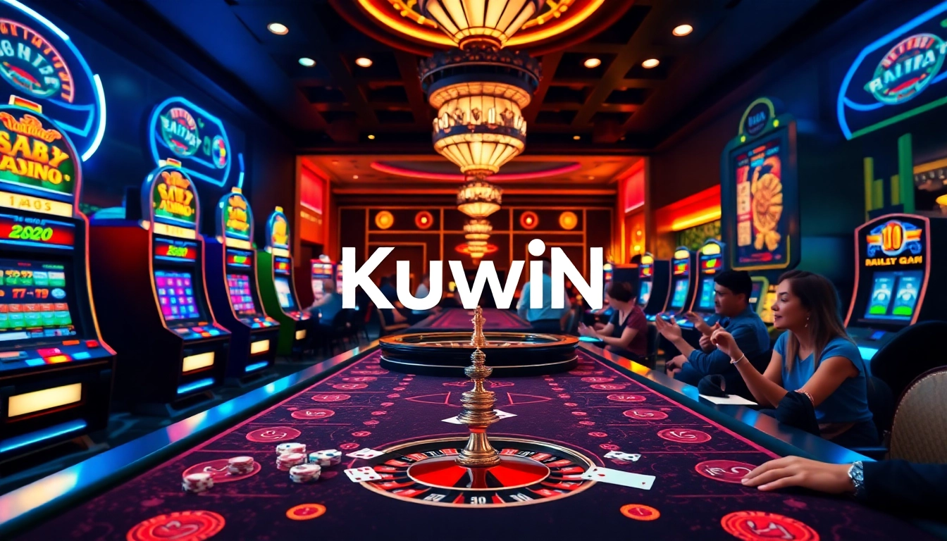 Kuwin casino scene showcasing dynamic gameplay with vibrant slot machines and poker chips.