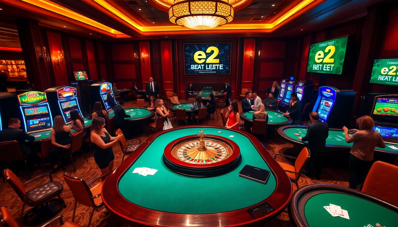 Gamblers enjoying an e2 bet experience at a luxurious casino with roulette and poker.
