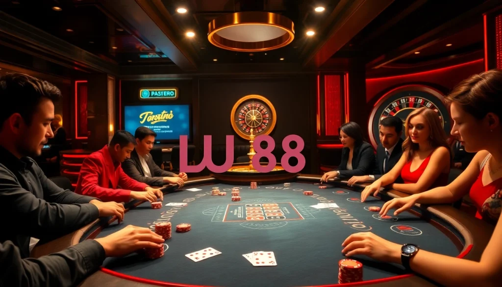 Players passionately betting at the UU 88 poker table in an upscale casino ambiance.
