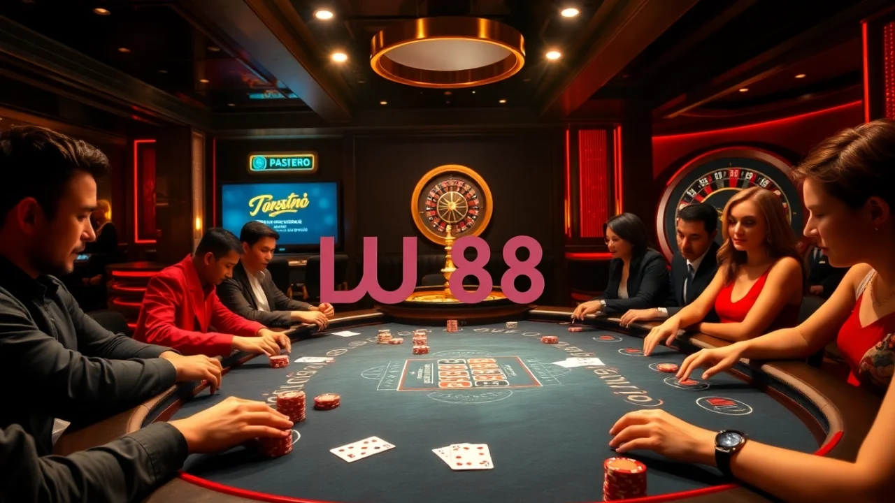 Players passionately betting at the UU 88 poker table in an upscale casino ambiance.