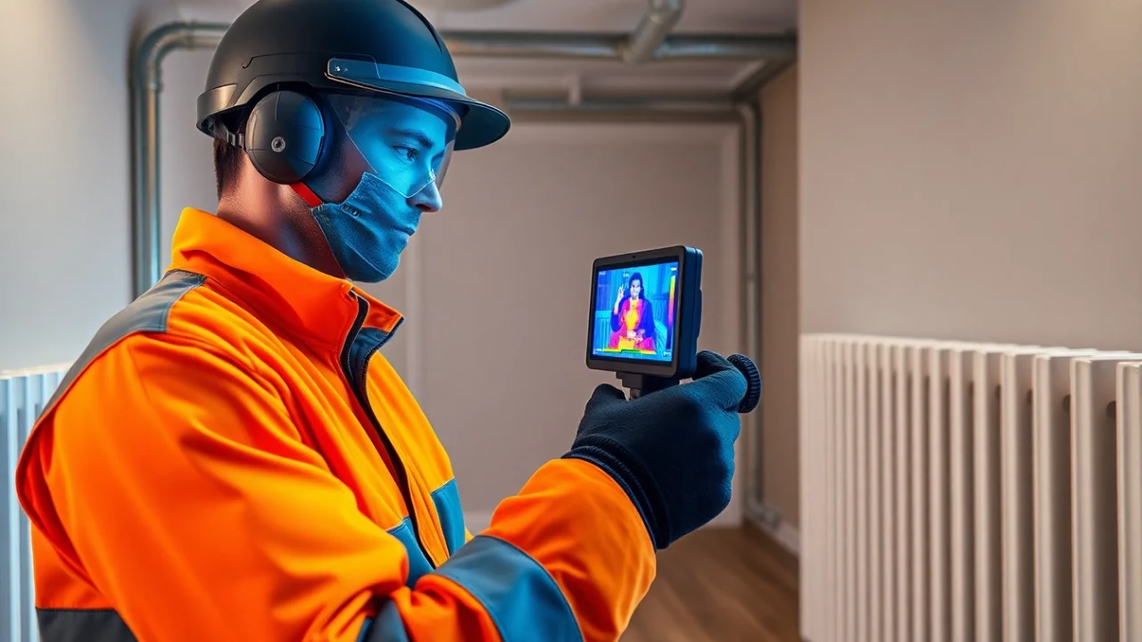 Central heating leak detection technician using thermal imaging in a home setting.