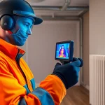 Central heating leak detection technician using thermal imaging in a home setting.