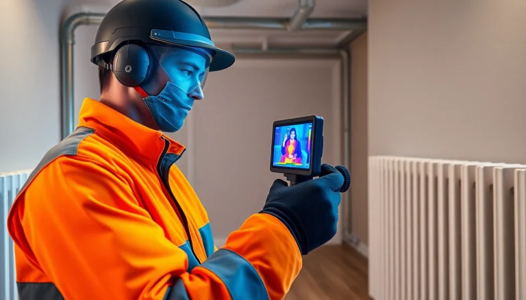 Central heating leak detection technician using thermal imaging in a home setting.