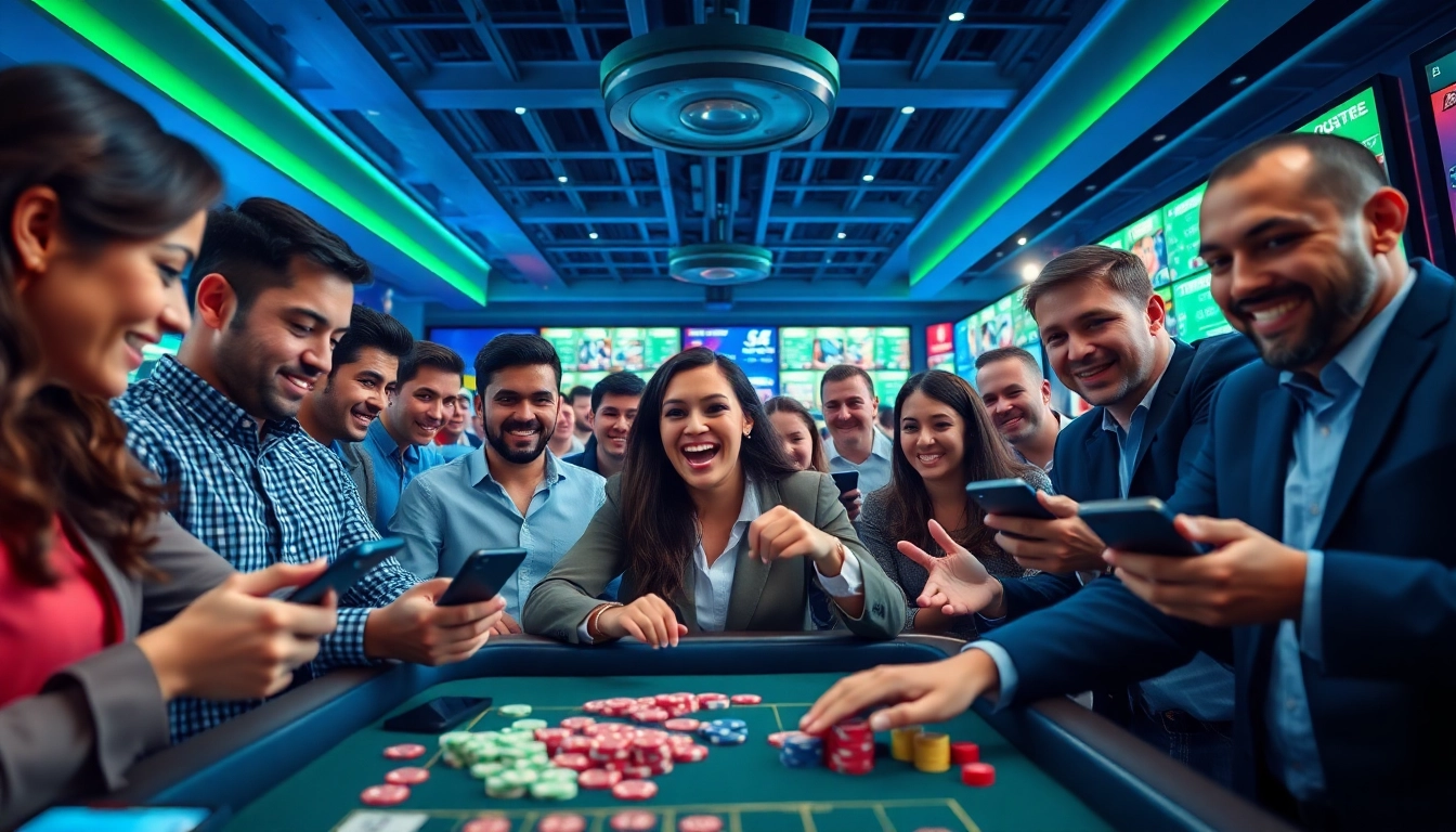 Dynamic betting atmosphere at sbobet.dance with diverse players enjoying games and sports.