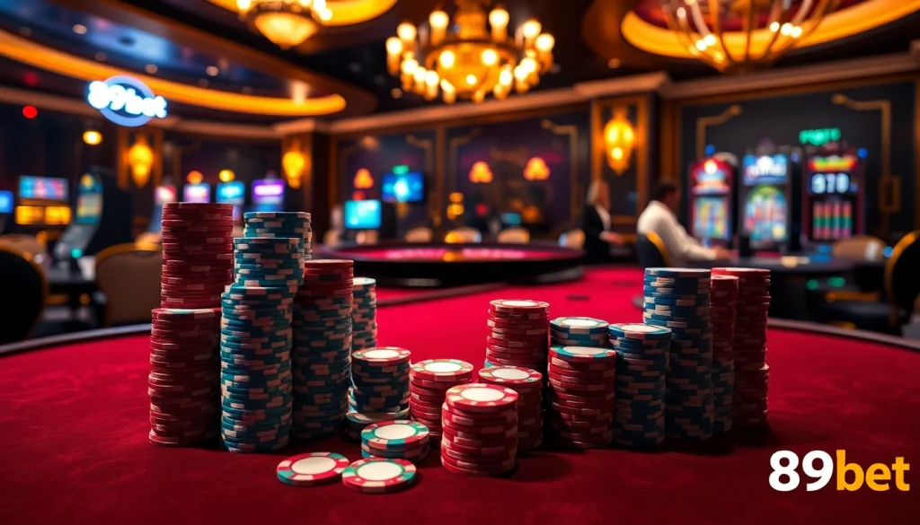 Engaging casino scene featuring poker and roulette, highlighting 89bet's gaming experience.