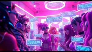 Engaging scene of NSFW character AI interactions in a futuristic virtual chat environment.