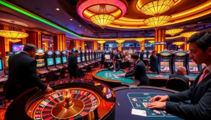 Players enjoying casino games at 8kbet's luxurious gaming floor, surrounded by vibrant lights.