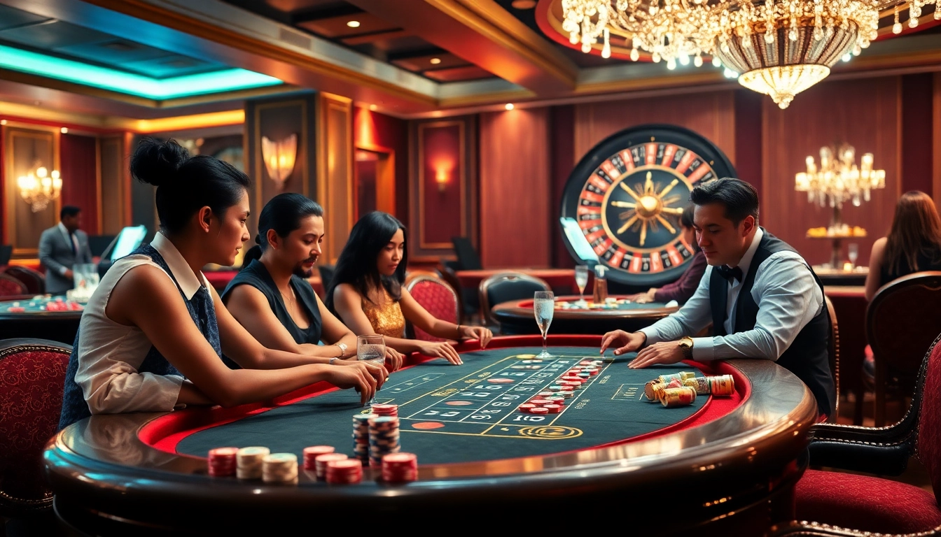 Engaging poker players enjoying high-stakes at https://vj88.online/ casino with vibrant atmosphere.