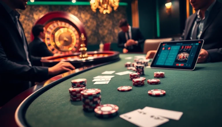 Engaging scene of luxury gambling at 88i, showcasing a roulette wheel, poker chips, and excited players.