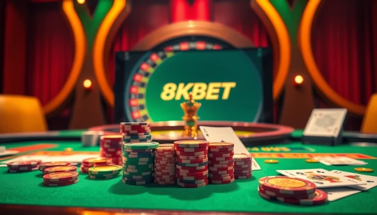 Engage with dynamic gambling action at link 8kbet, featuring poker chips and casino tables.