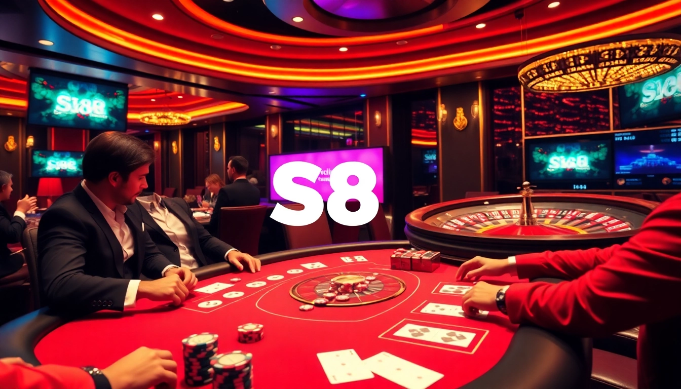 S8 casino poker action with players at a high-stakes table, chips stacked and excitement in the air.