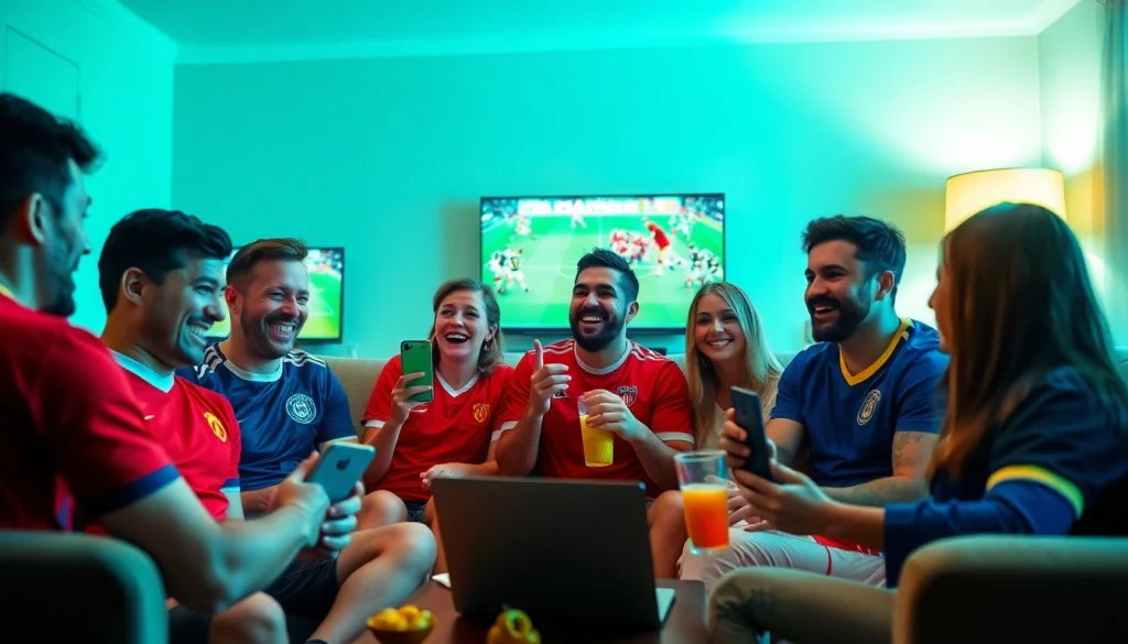 Football fans enjoying a live match together on devices with https://vaoluoitv.it.com for a seamless experience.