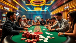 Engage at the HM88 casino table with excited players enjoying poker and roulette.