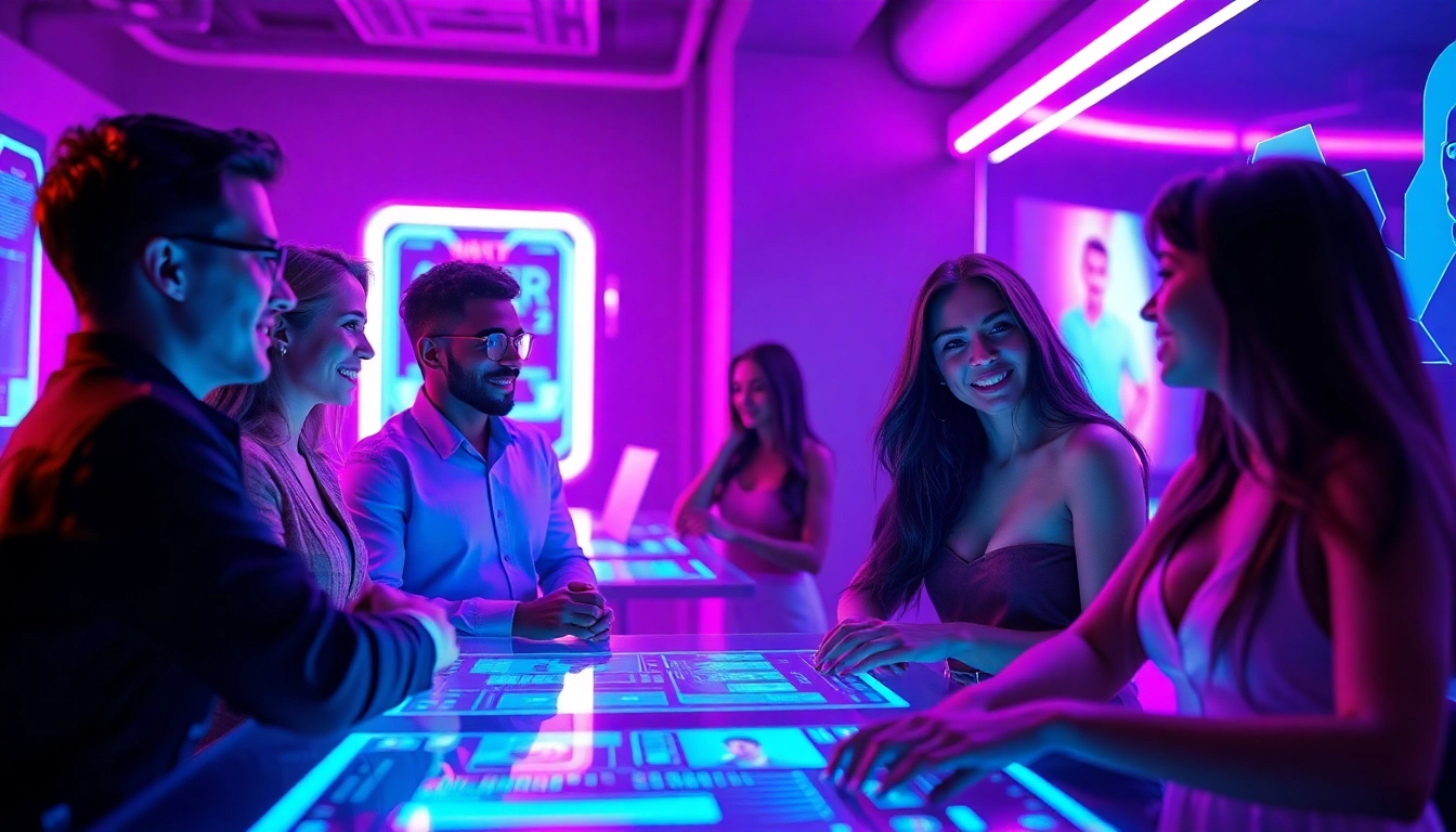 Engaging backdrop of AI porn chat with dynamic avatars and neon lighting.