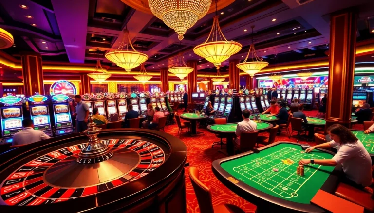 Casino players enjoying exciting games on the vibrant floor at 98win vn, showcasing roulette and slot activities.