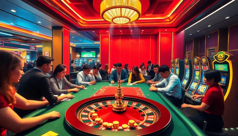 Engaging casino scene at Trang chủ Luck8 with poker, roulette, and slot machines in vibrant colors.