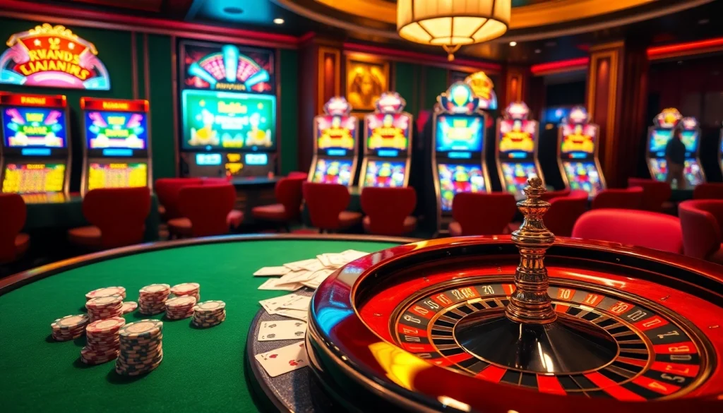 Experience the excitement of casino gaming with say88 at a luxurious poker table, featuring vibrant slot machines and roulette.