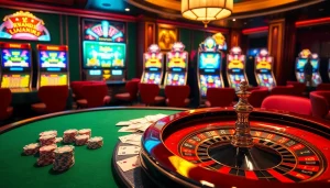 Experience the excitement of casino gaming with say88 at a luxurious poker table, featuring vibrant slot machines and roulette.