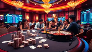 Experience high-stakes play at 1haywin.us.com with a vibrant casino scene showcasing poker and roulette.