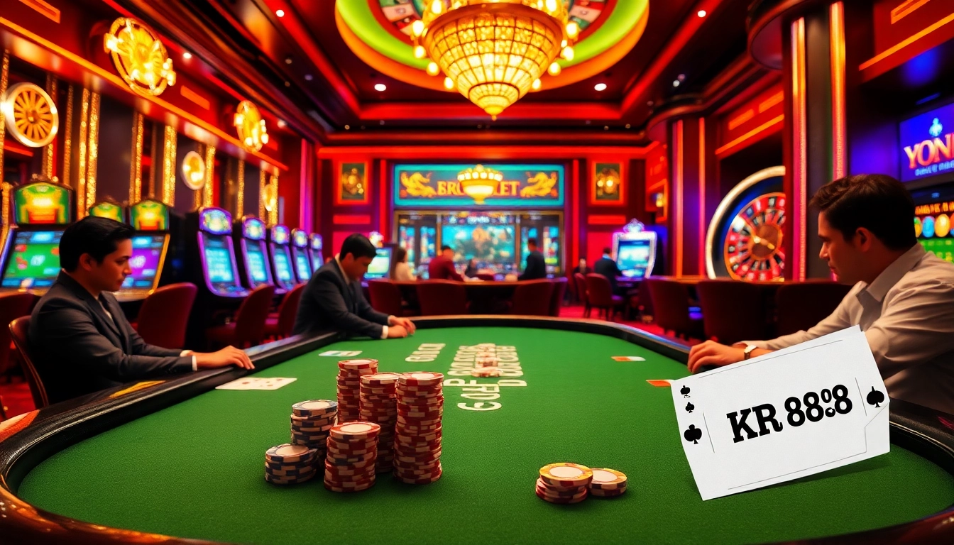 Competitive poker players at a luxurious casino table featuring KP 88 poker chips and cards.