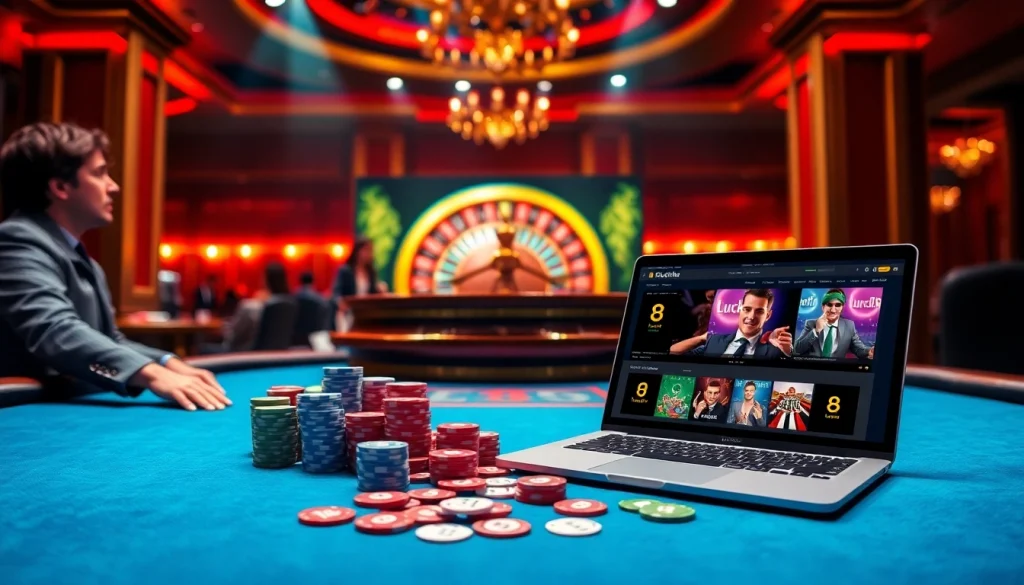 Luck8 casino players engaging in an exciting game of poker amidst vibrant colors and luxury elements.