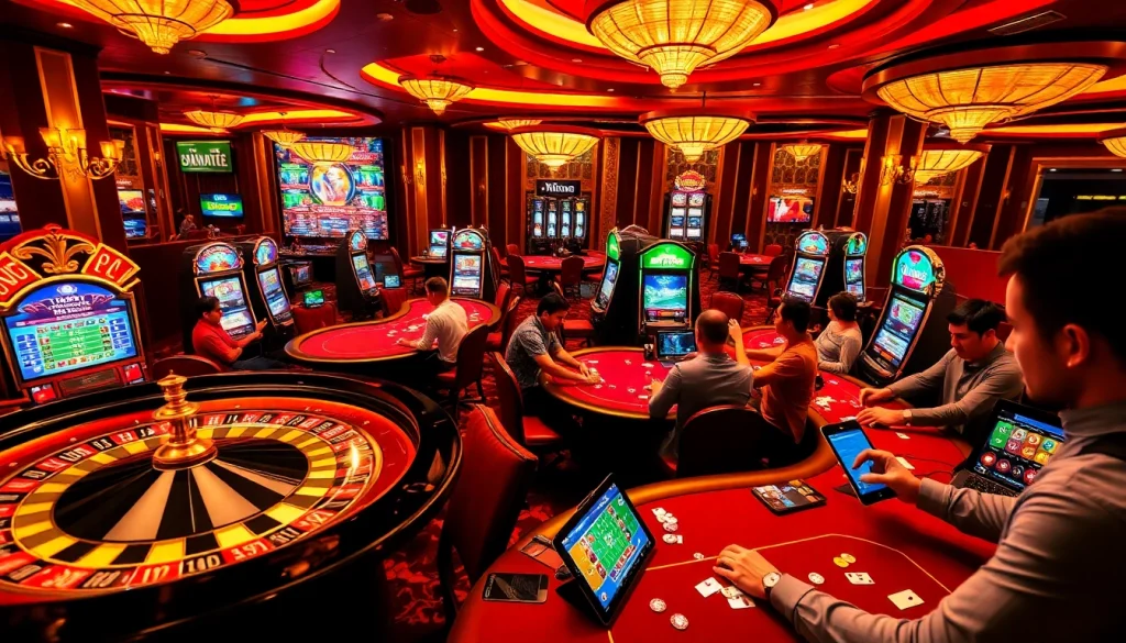 Gambling excitement at XX88 casino with players engaging in poker and vibrant slot machines.