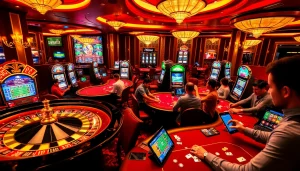 Gambling excitement at XX88 casino with players engaging in poker and vibrant slot machines.