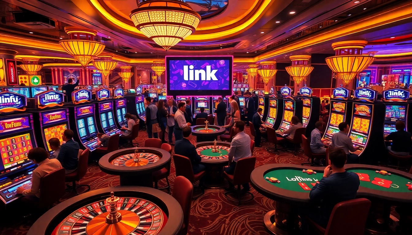 Exciting casino ambiance featuring link OKFUN with vibrant slot machines and poker tables.