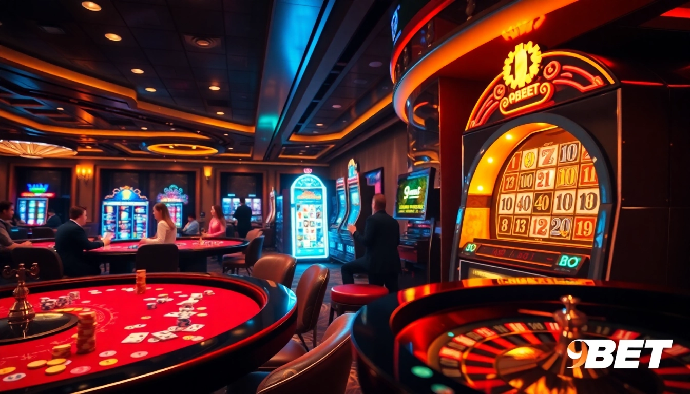 Players enjoy thrilling games at 9BET casino, featuring poker cards, vibrant slots, and roulette tables.