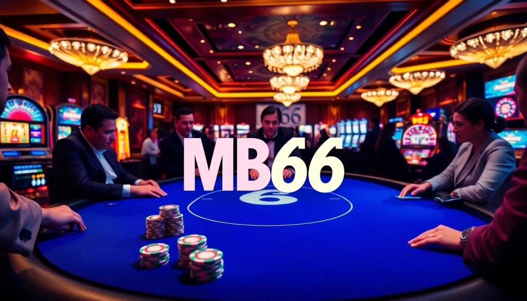 Play intense poker at an opulent MB66 casino table under ambient lighting.