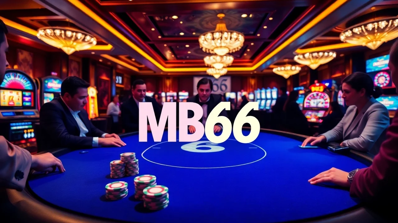 Play intense poker at an opulent MB66 casino table under ambient lighting.