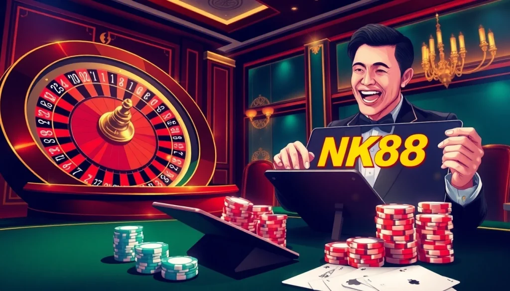 Engage with the NK88 bet experience at a luxurious casino featuring roulette, poker chips, and dynamic online gameplay.