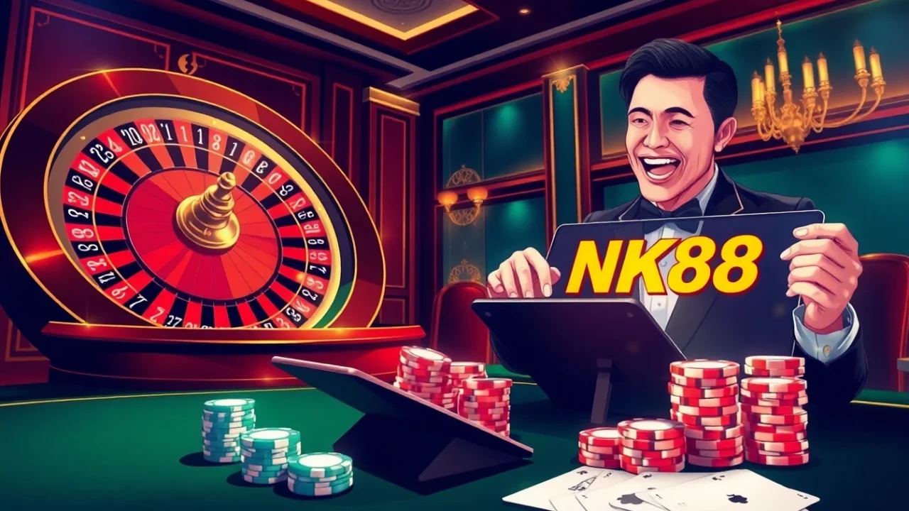 Engage with the NK88 bet experience at a luxurious casino featuring roulette, poker chips, and dynamic online gameplay.