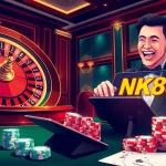 Engage with the NK88 bet experience at a luxurious casino featuring roulette, poker chips, and dynamic online gameplay.