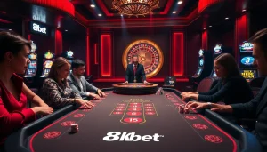 Players enjoying high-stakes blackjack at an 8kbet casino table while the roulette wheel glimmers.