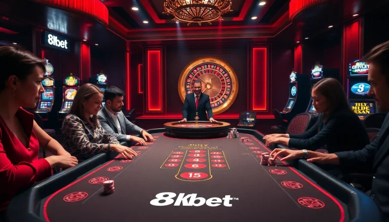 Players enjoying high-stakes blackjack at an 8kbet casino table while the roulette wheel glimmers.