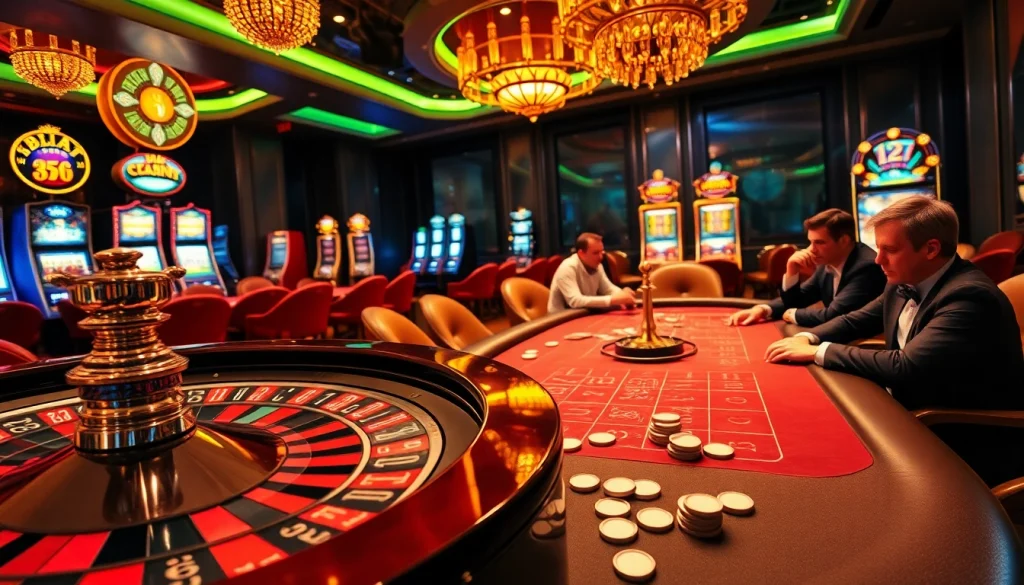 Experience thrilling gambling at https://thabethome.com/ with an upscale casino scene depicting vibrant games and players engaged in poker and roulette.