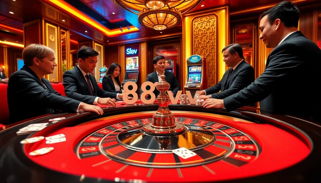 Gamblers enjoying a luxury casino experience at 88vv with vibrant poker chips and roulette table.