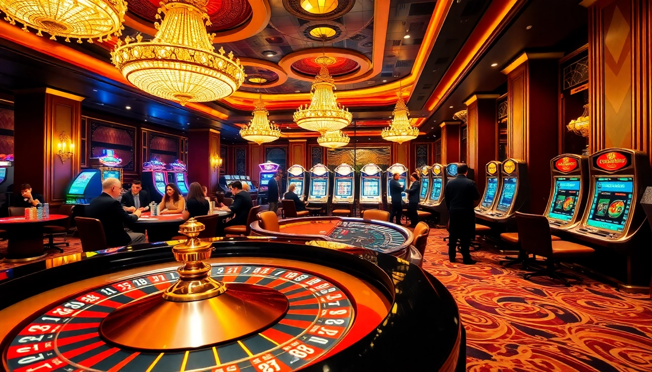 Experience the thrill of gambling at https://vj88.com/ with a vibrant casino scene showcasing roulette and poker excitement.