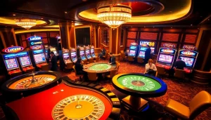 LUCK88 players enjoying an exciting casino atmosphere with tables and slot machines.