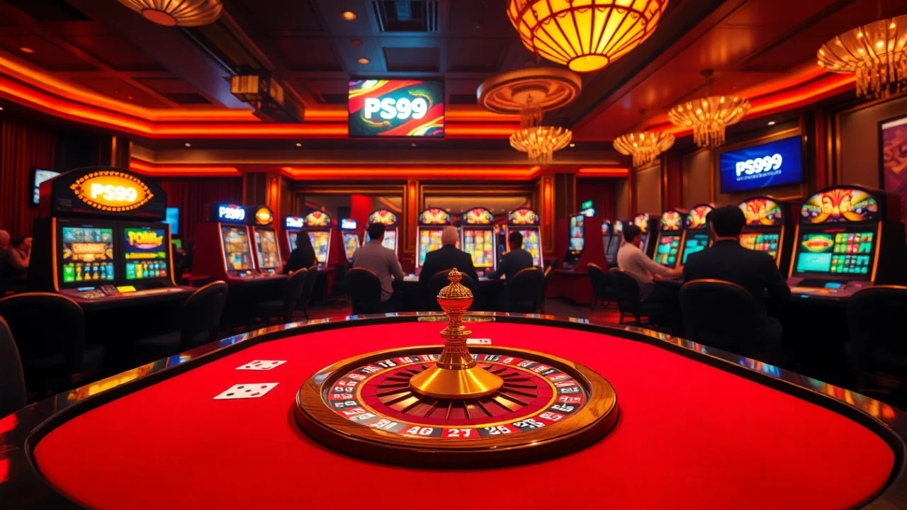 Experience the thrill of casinos with link PS99 showcased on a vibrant poker table amidst a luxurious gambling scene.
