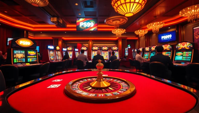 Experience the thrill of casinos with link PS99 showcased on a vibrant poker table amidst a luxurious gambling scene.